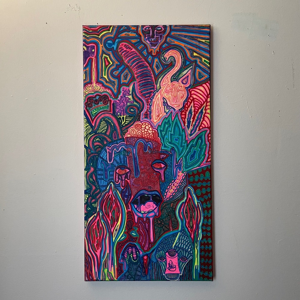 OMAN Original Psychedelic Surrealist Abstract Painting 12x24 Canvas Wall Art